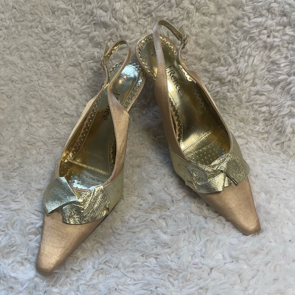 J. Renee Garbo sling back, high heel pumps, satin, gold blush, size 12W